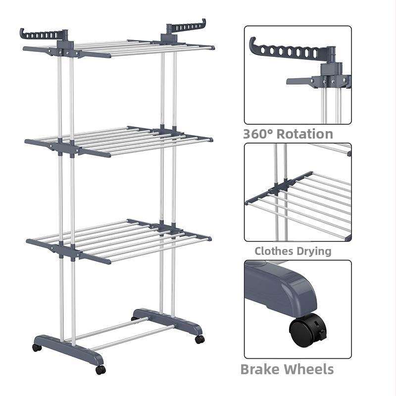 Podlahová sušiacia vešiač so trivrstvami, krídlový typ, mobilný, zložitelný