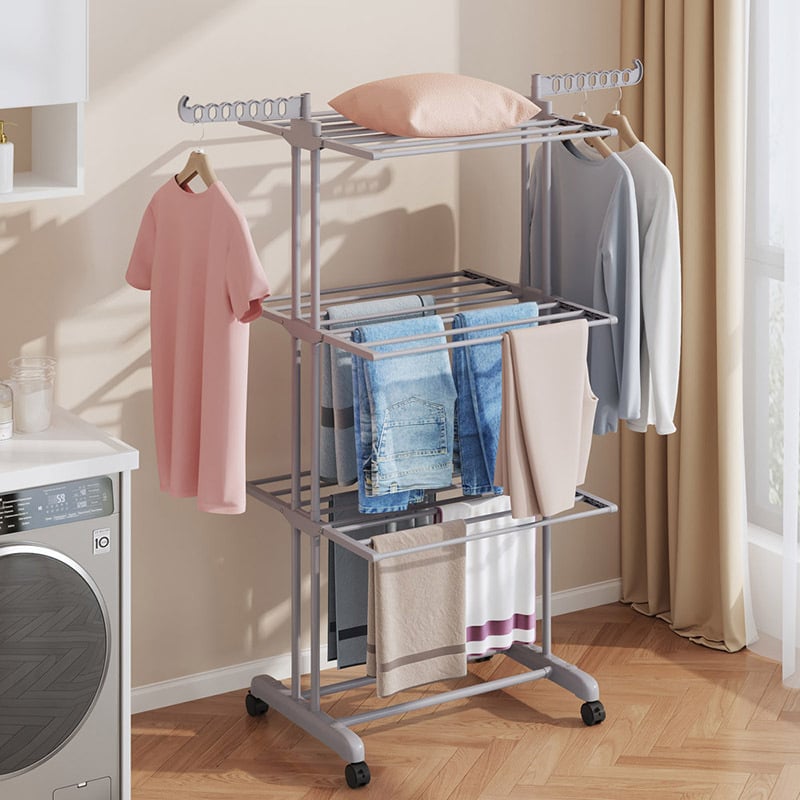 Sulankstomas grindų džiovinimo stovas su keliomis pakopomis – nuimamas, iš metalo, plastiko ir PP