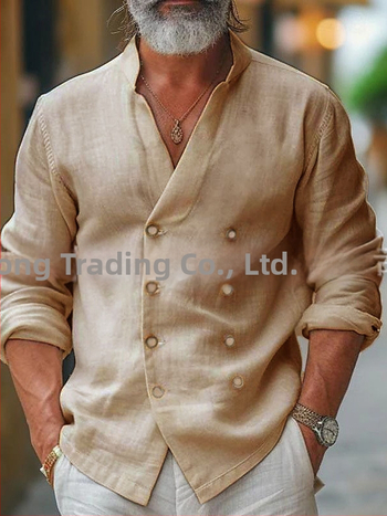 Мъжка риза от памучно-смесена материя със стояща яка, дълги ръкави, еднотонна, свободна кройка, за пролет и есен