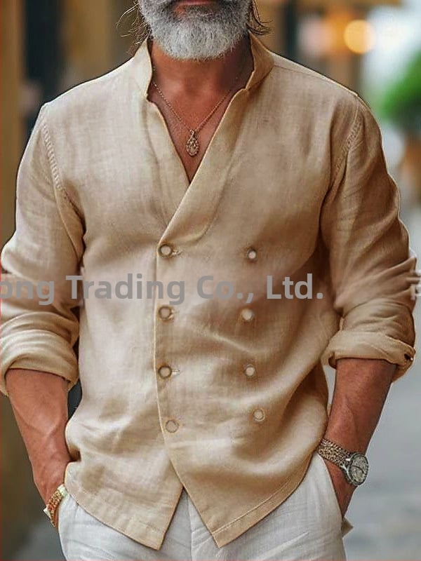 Мъжка риза от памучно-смесена материя със стояща яка, дълги ръкави, еднотонна, свободна кройка, за пролет и есен