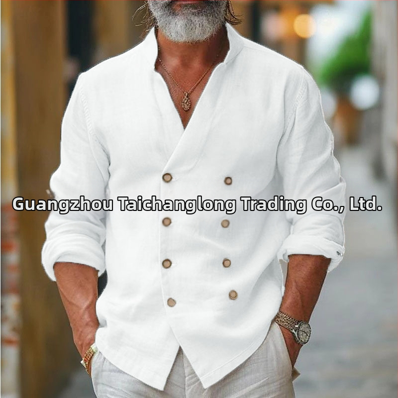 Мъжка риза от памучно-смесена материя със стояща яка, дълги ръкави, еднотонна, свободна кройка, за пролет и есен