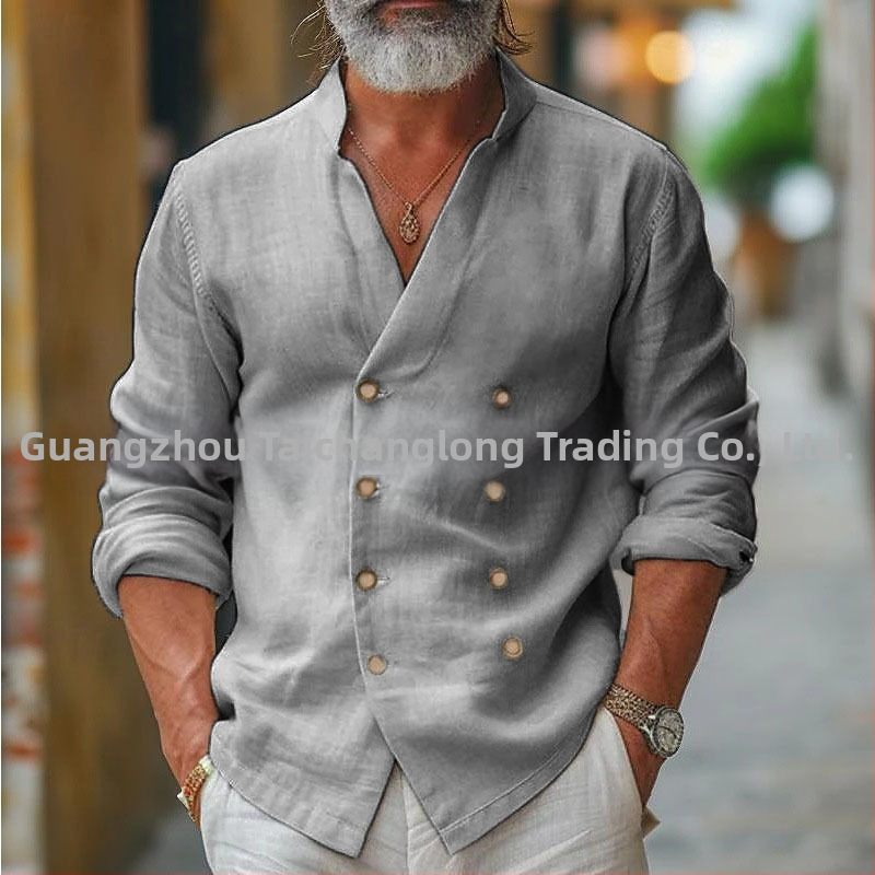 Мъжка риза от памучно-смесена материя със стояща яка, дълги ръкави, еднотонна, свободна кройка, за пролет и есен