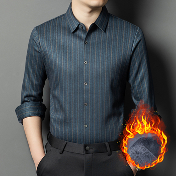 Мъжка риза – подплатена флисом за топлина, райета, Яка: с остър връх (Основна материя: полиестер/вискоза/коприна/вълна; Подплата: флис; Яка: с остър връх; Модел: райета)