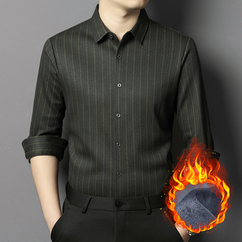 Мъжка риза – подплатена флисом за топлина, райета, Яка: с остър връх (Основна материя: полиестер/вискоза/коприна/вълна; Подплата: флис; Яка: с остър връх; Модел: райета)