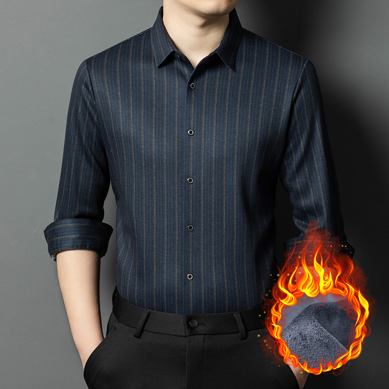 Мъжка риза – подплатена флисом за топлина, райета, Яка: с остър връх (Основна материя: полиестер/вискоза/коприна/вълна; Подплата: флис; Яка: с остър връх; Модел: райета)