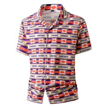 Ανδρικό πουκάμισο με φλοράλ εκτύπωση, κοντό μανίκι, γιακάς τύπου λαπέλ, πολυεστέρας 95%, εφαρμοστό κόψιμο