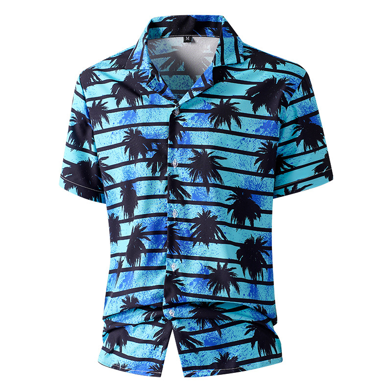 Мъжка риза с флорална шарка, къс ръкав, полиестер 95%, прилягащ модел