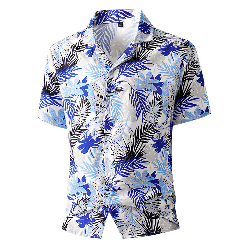 Мъжка риза с флорална шарка, къс ръкав, полиестер 95%, прилягащ модел