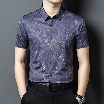 Slim-fit мъжка риза с къс ръкав и флоралнен принт, Ice Silk смесена материя, проветряваща и влагоотвеждаща, широк як