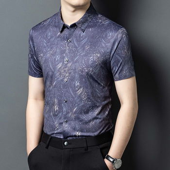 Slim-fit мъжка риза с къс ръкав и флоралнен принт, Ice Silk смесена материя, проветряваща и влагоотвеждаща, широк як