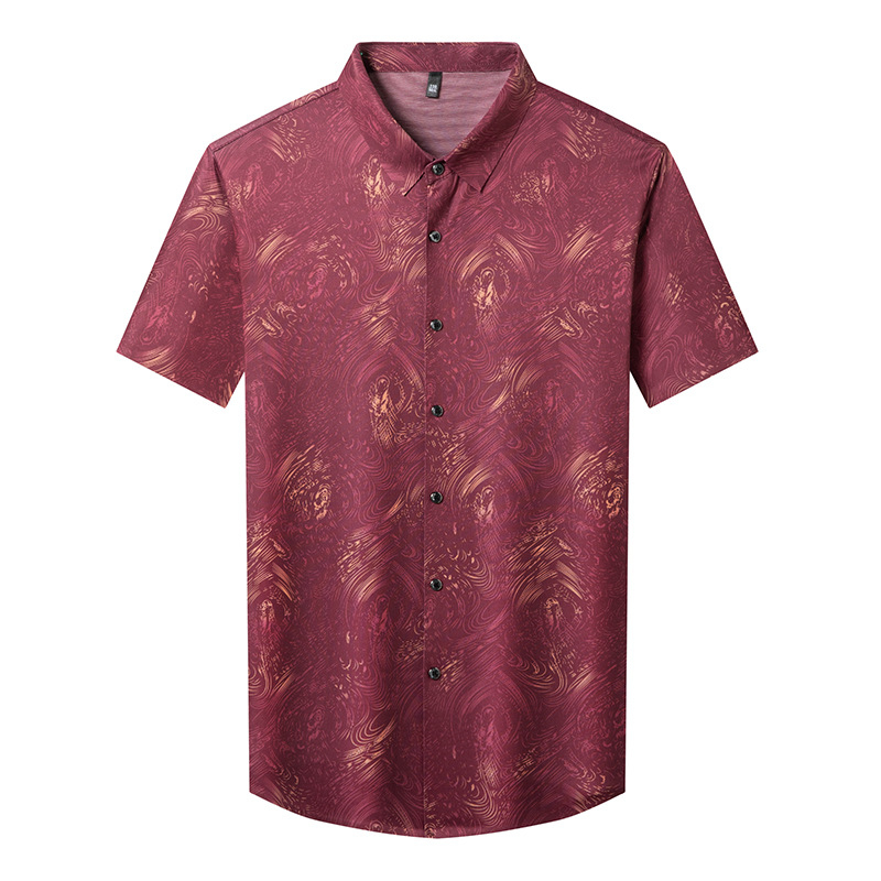 Slim-fit мъжка риза с къс ръкав и флоралнен принт, Ice Silk смесена материя, проветряваща и влагоотвеждаща, широк як