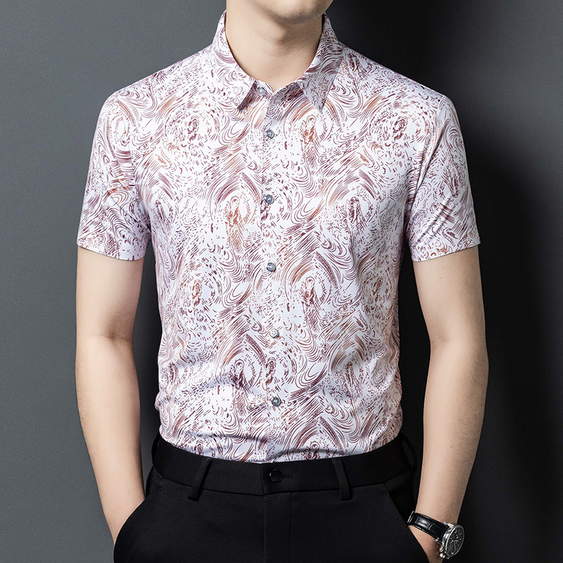 Slim-fit мъжка риза с къс ръкав и флоралнен принт, Ice Silk смесена материя, проветряваща и влагоотвеждаща, широк як