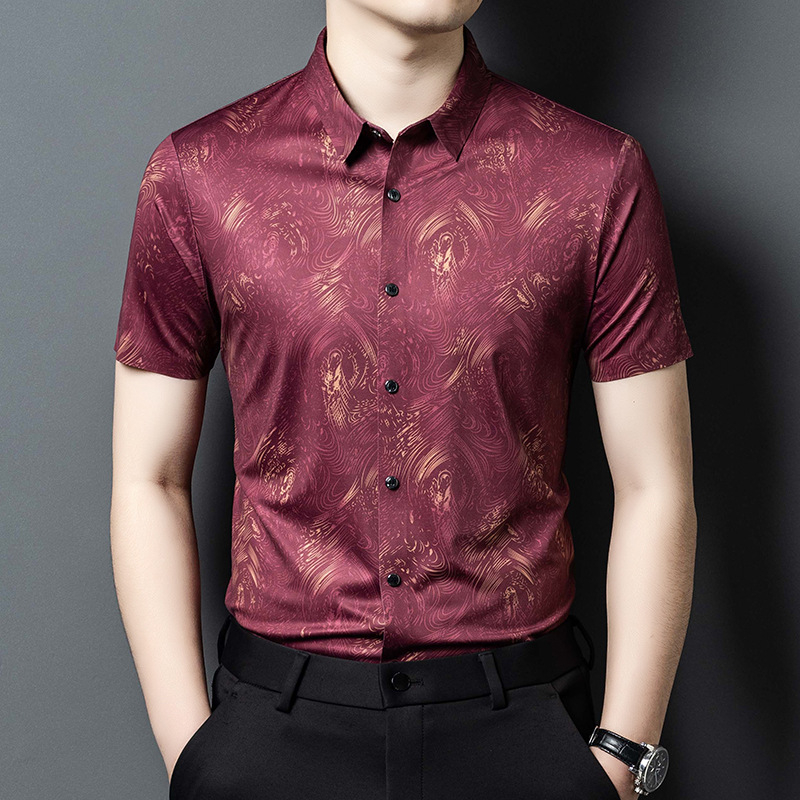 Slim-fit мъжка риза с къс ръкав и флоралнен принт, Ice Silk смесена материя, проветряваща и влагоотвеждаща, широк як