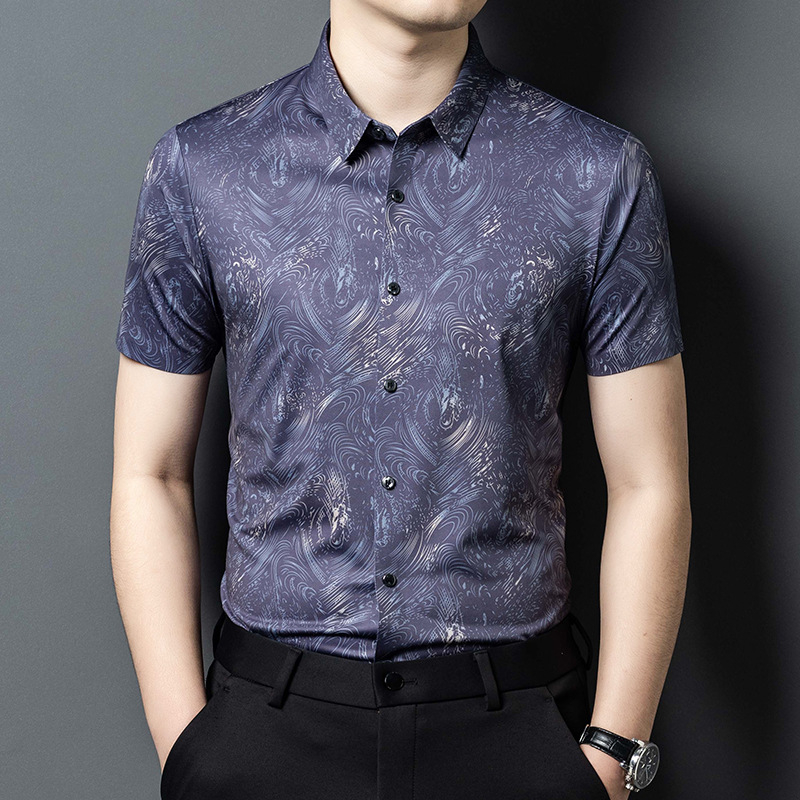 Slim-fit мъжка риза с къс ръкав и флоралнен принт, Ice Silk смесена материя, проветряваща и влагоотвеждаща, широк як