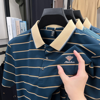 Polo krekls ar svītrām, īsiem piedurknēm, brīvā piegriezuma, kokvilnas maisījuma audums vasarai