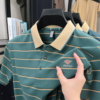 Polo krekls ar svītrām, īsiem piedurknēm, brīvā piegriezuma, kokvilnas maisījuma audums vasarai