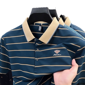 Polo krekls ar svītrām, īsiem piedurknēm, brīvā piegriezuma, kokvilnas maisījuma audums vasarai