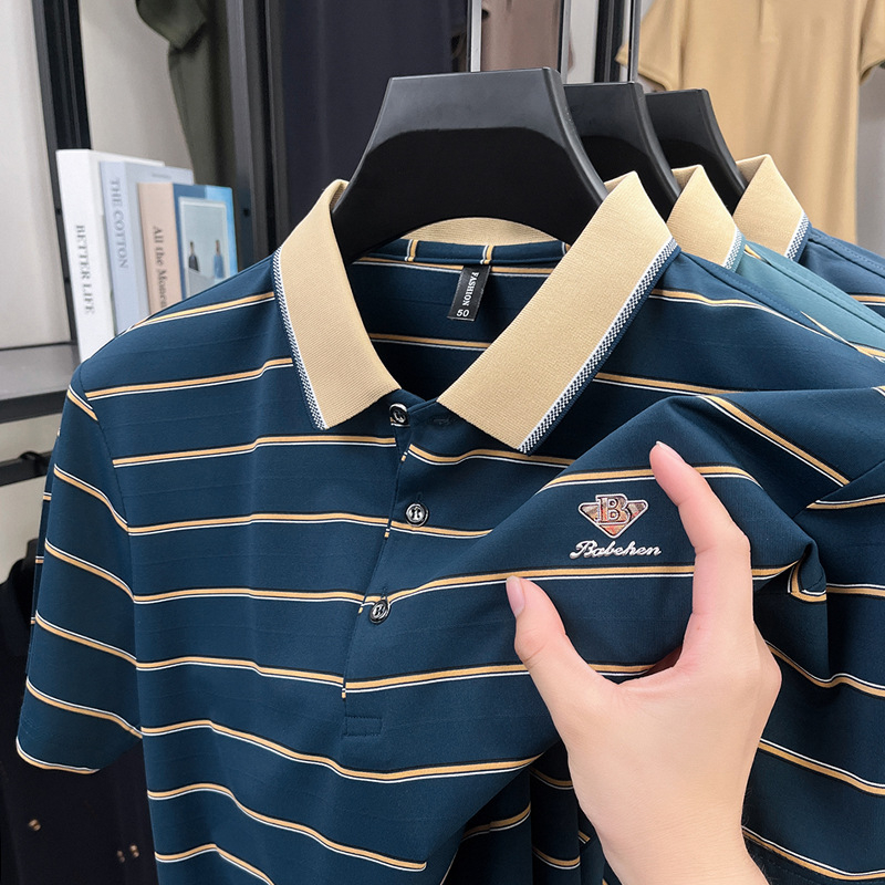 Polo krekls ar svītrām, īsiem piedurknēm, brīvā piegriezuma, kokvilnas maisījuma audums vasarai