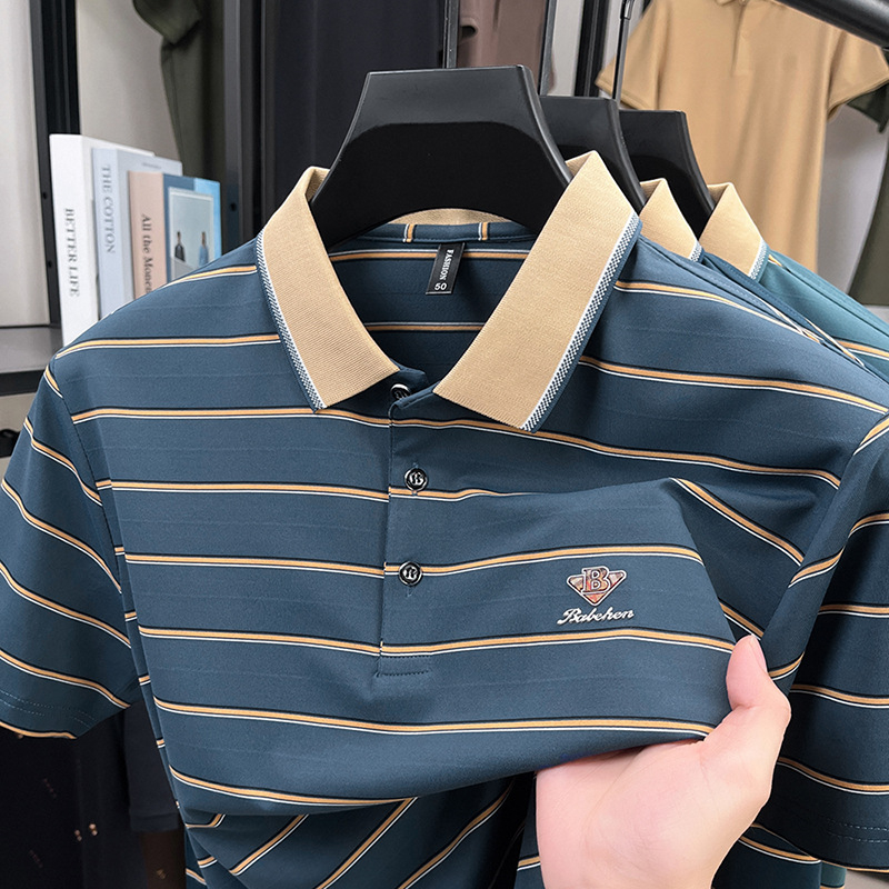 Polo krekls ar svītrām, īsiem piedurknēm, brīvā piegriezuma, kokvilnas maisījuma audums vasarai