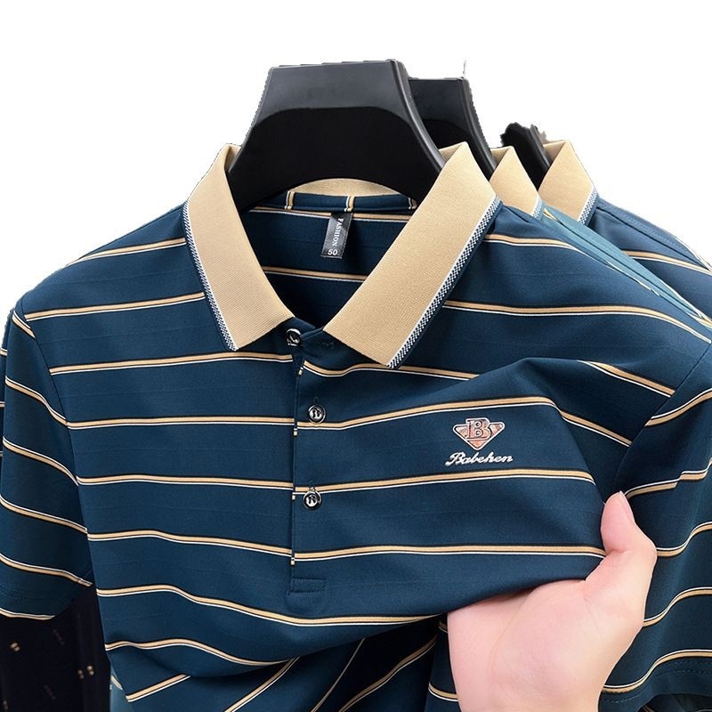 Polo krekls ar svītrām, īsiem piedurknēm, brīvā piegriezuma, kokvilnas maisījuma audums vasarai