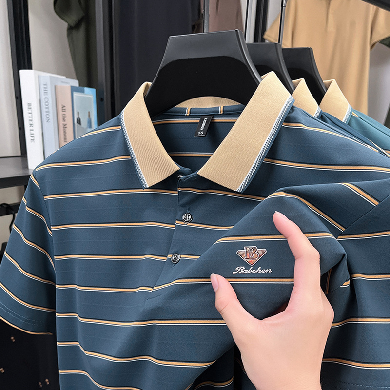 Polo krekls ar svītrām, īsiem piedurknēm, brīvā piegriezuma, kokvilnas maisījuma audums vasarai