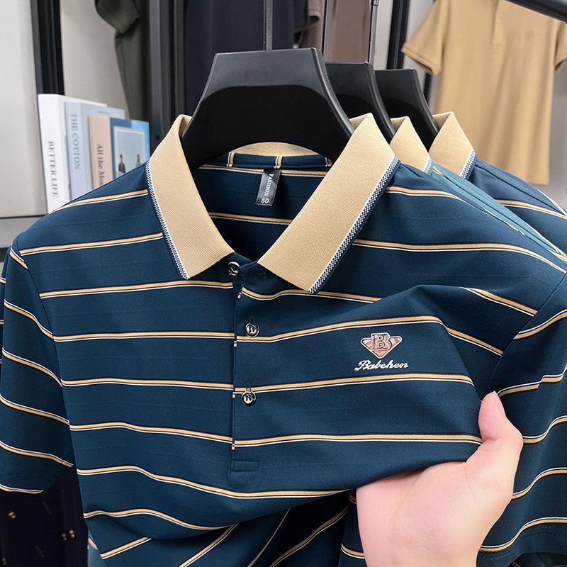 Polo krekls ar svītrām, īsiem piedurknēm, brīvā piegriezuma, kokvilnas maisījuma audums vasarai