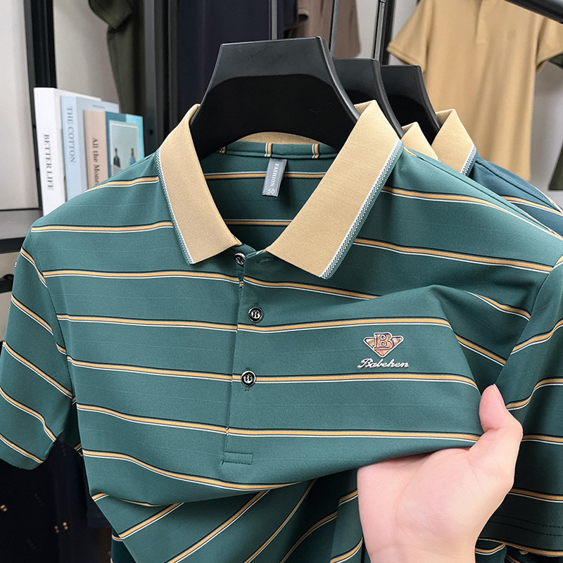 Polo krekls ar svītrām, īsiem piedurknēm, brīvā piegriezuma, kokvilnas maisījuma audums vasarai