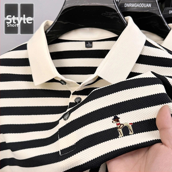 Polo krekliņš ar svītrainu rakstu, īsām piedurknēm, brīvā piegriezuma, izšūšana, zīds (svītras; īsās piedurknes; brīvā piegriezuma; izšūšana; zīds)