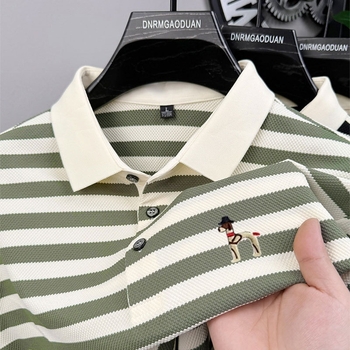 Polo krekliņš ar svītrainu rakstu, īsām piedurknēm, brīvā piegriezuma, izšūšana, zīds (svītras; īsās piedurknes; brīvā piegriezuma; izšūšana; zīds)