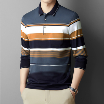 Ανδρικό μακρυμάνικο πόλο T-shirt με ρίγες, βαμβάκι, χαλαρή εφαρμογή