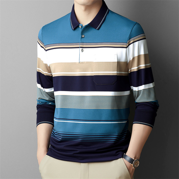 Ανδρικό μακρυμάνικο πόλο T-shirt με ρίγες, βαμβάκι, χαλαρή εφαρμογή