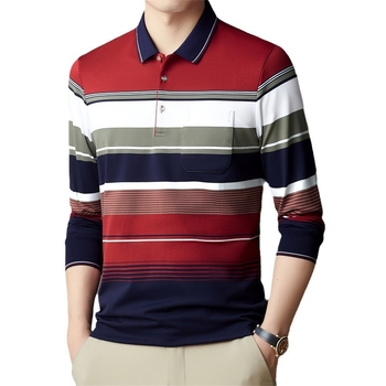 Ανδρικό μακρυμάνικο πόλο T-shirt με ρίγες, βαμβάκι, χαλαρή εφαρμογή