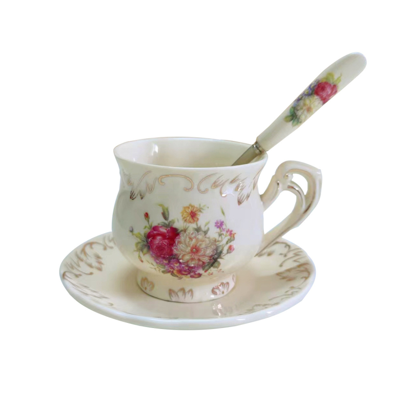 Keraminė kavos taurelė, gėlių raštas, šviesus prabangus retro stilius, 1 kg, pritaikymas galimas