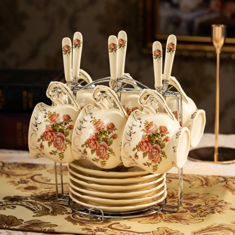 Keraminė kavos taurelė, gėlių raštas, šviesus prabangus retro stilius, 1 kg, pritaikymas galimas