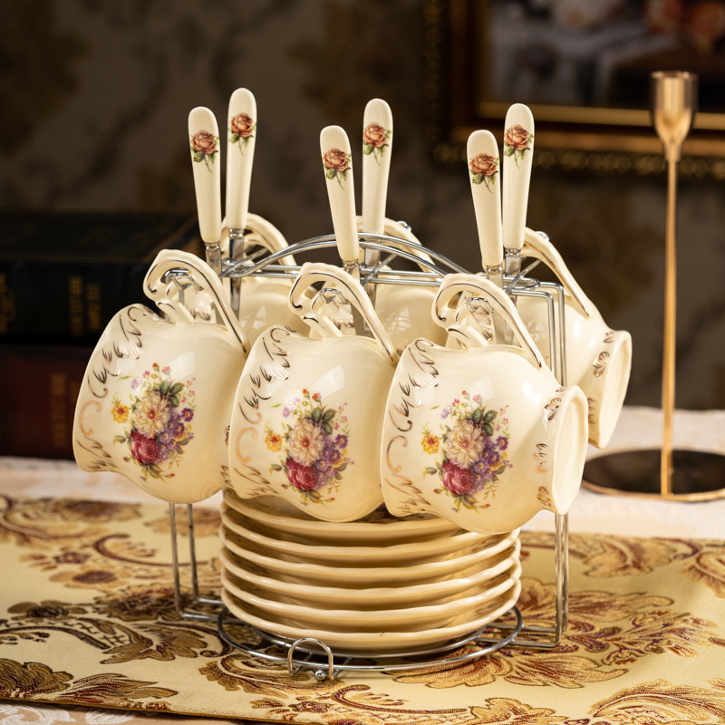 Keraminė kavos taurelė, gėlių raštas, šviesus prabangus retro stilius, 1 kg, pritaikymas galimas