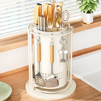 Кухненски въртящ се държач за ножове и органайзер за прибори — интегриран държач за плот, карбонова стомана, мултифункционален, подвижен, без монтаж, модерен минималистичен дизайн