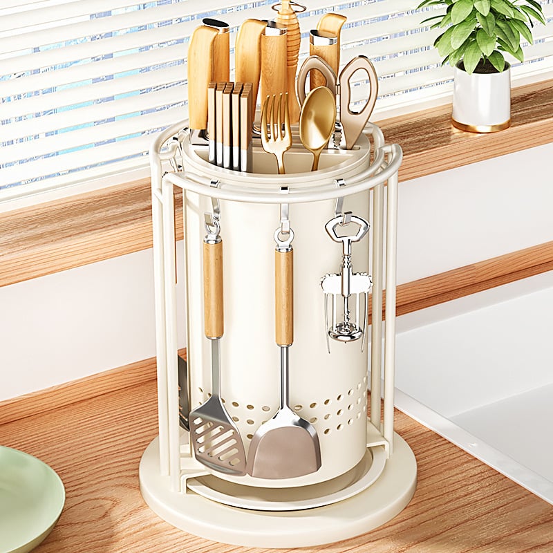 Кухненски въртящ се държач за ножове и органайзер за прибори — интегриран държач за плот, карбонова стомана, мултифункционален, подвижен, без монтаж, модерен минималистичен дизайн