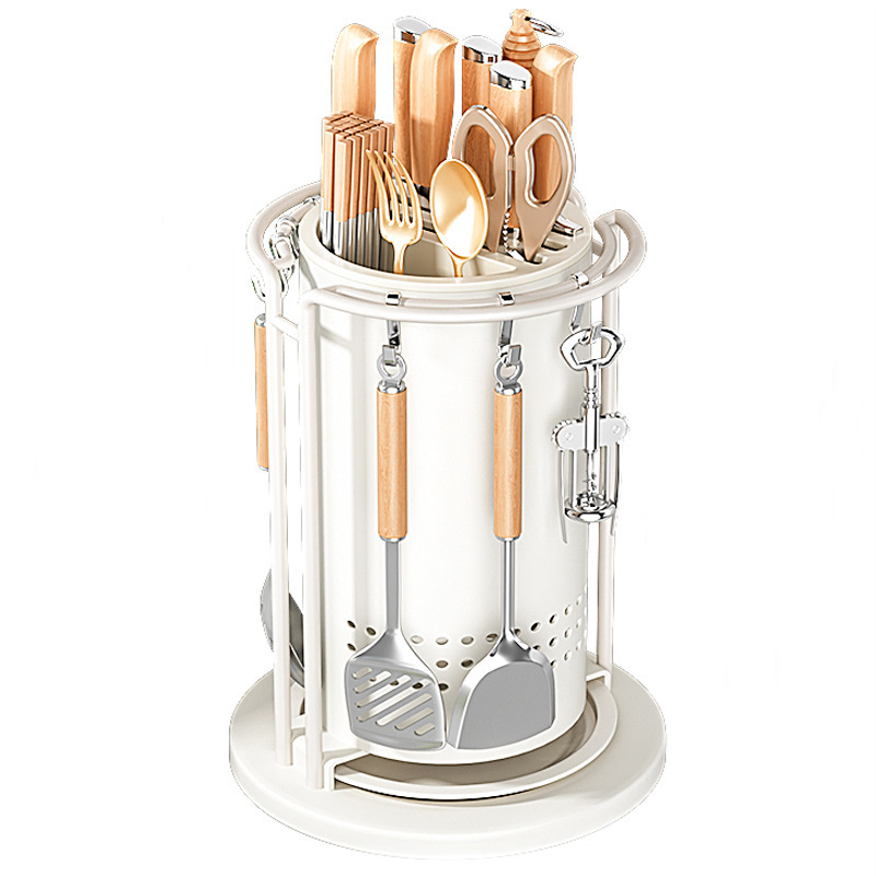 Кухненски въртящ се държач за ножове и органайзер за прибори — интегриран държач за плот, карбонова стомана, мултифункционален, подвижен, без монтаж, модерен минималистичен дизайн