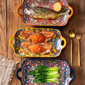 Porcelāna zivju pasniegšanas plate Bohemijas stilā; piemērots mikroviļņu krāsnij; apakšglazūras krāsa; dažādi raksti; logotipa drukāšana iespējama