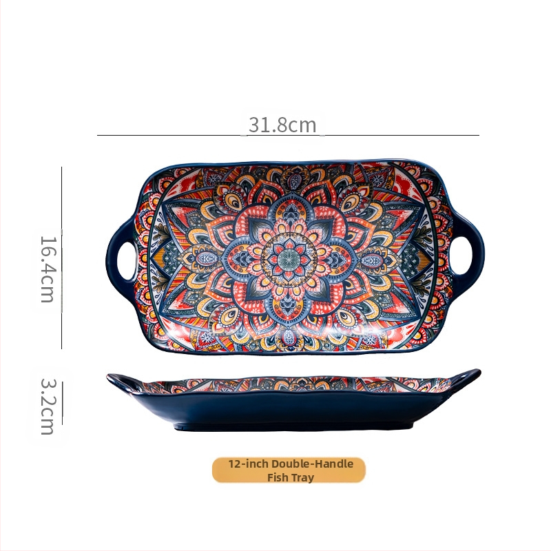 Porcelāna zivju pasniegšanas plate Bohemijas stilā; piemērots mikroviļņu krāsnij; apakšglazūras krāsa; dažādi raksti; logotipa drukāšana iespējama