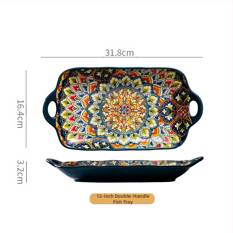 Porcelāna zivju pasniegšanas plate Bohemijas stilā; piemērots mikroviļņu krāsnij; apakšglazūras krāsa; dažādi raksti; logotipa drukāšana iespējama