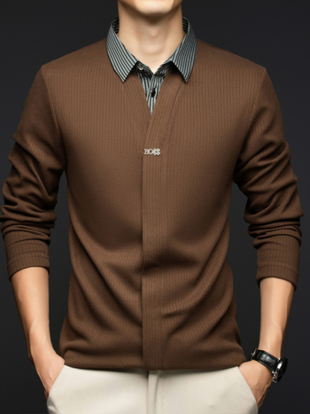 Ανδρικό μακρυμάνικο πλεκτό τοπ με πέτο, ριγέ πολυεστέρας με ελαστικότητα, χαλαρή γραμμή