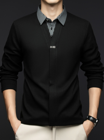 Ανδρικό μακρυμάνικο πλεκτό τοπ με πέτο, ριγέ πολυεστέρας με ελαστικότητα, χαλαρή γραμμή