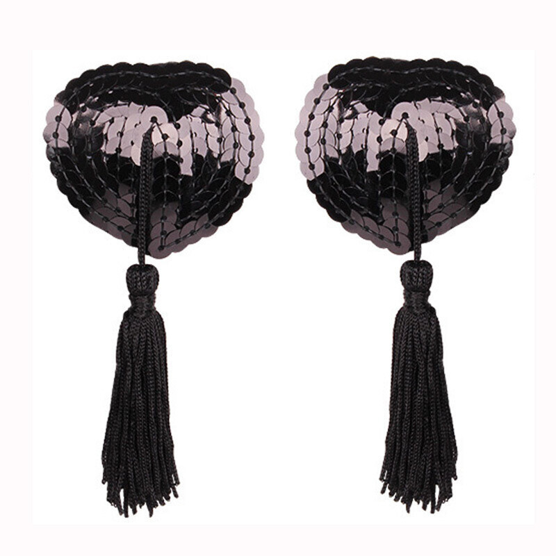 Καρδιόσχημα αυτοκόλλητα στήθους από σιλικόνη με φούντες και παγιέτες (Υλικό: Σιλικόνη; Λειτουργία: Συγκέντρωση, Αόρατο; Σχήμα: Λουλούδι; Λεπτομέρειες στυλ: Παγιέτες; Στυλ: Σεξι)