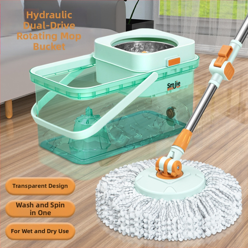 Qianhua forgó mop Kosárral – pamut fonalból készült mop, rozsdamentes acél rúd, egytengelyes hajtás, nedves és száraz használat, mop vödör készlet