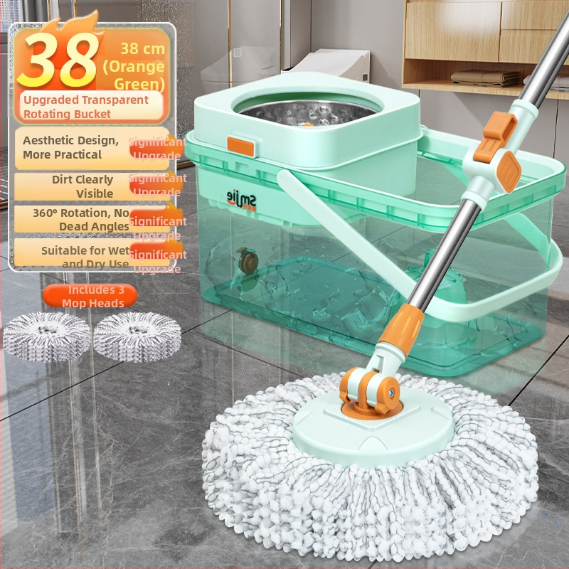 Qianhua forgó mop Kosárral – pamut fonalból készült mop, rozsdamentes acél rúd, egytengelyes hajtás, nedves és száraz használat, mop vödör készlet