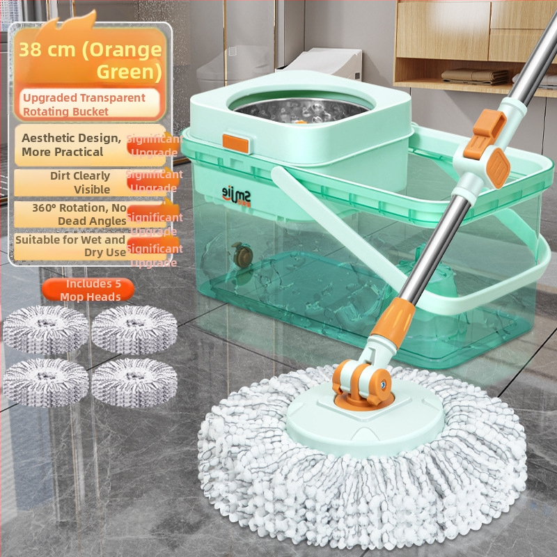 Qianhua forgó mop Kosárral – pamut fonalból készült mop, rozsdamentes acél rúd, egytengelyes hajtás, nedves és száraz használat, mop vödör készlet