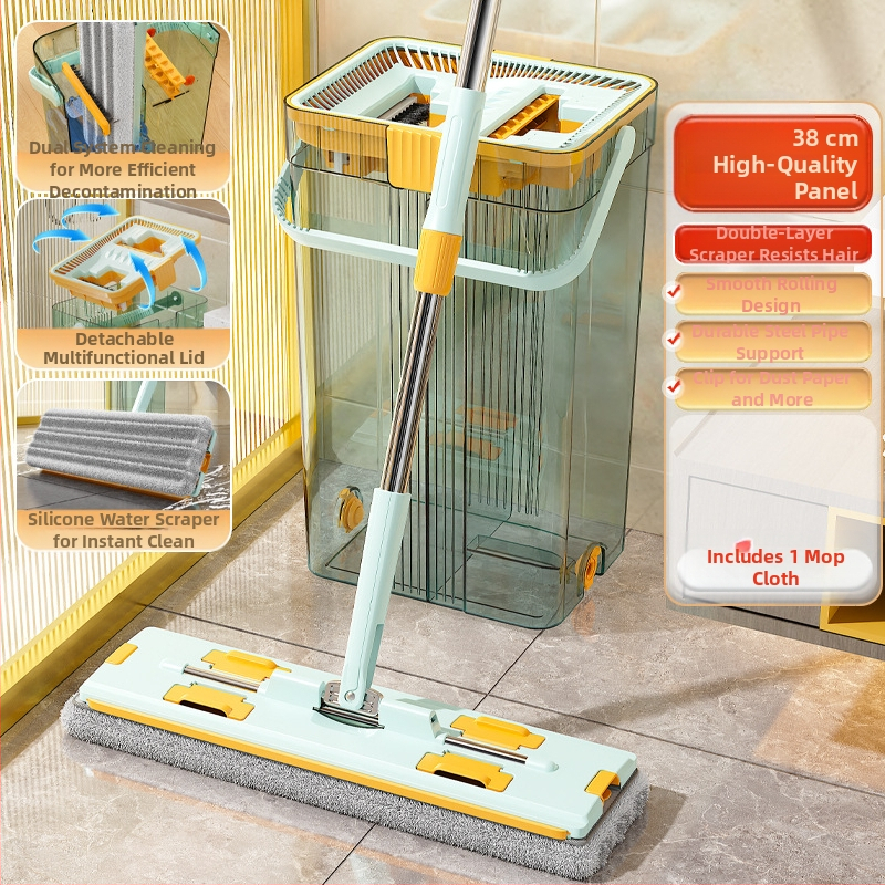 Qianhua forgó mop Kosárral – pamut fonalból készült mop, rozsdamentes acél rúd, egytengelyes hajtás, nedves és száraz használat, mop vödör készlet