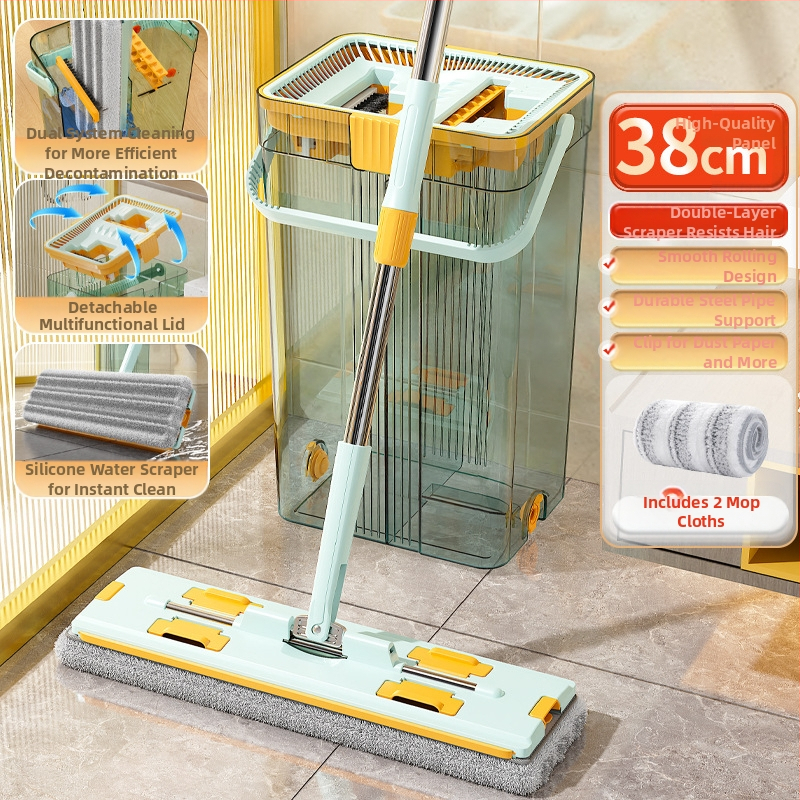 Qianhua forgó mop Kosárral – pamut fonalból készült mop, rozsdamentes acél rúd, egytengelyes hajtás, nedves és száraz használat, mop vödör készlet