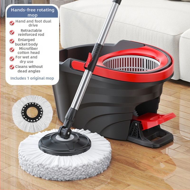 Qianhua forgó mop Kosárral – pamut fonalból készült mop, rozsdamentes acél rúd, egytengelyes hajtás, nedves és száraz használat, mop vödör készlet
